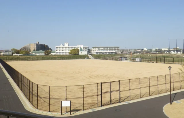 公園公式の多目的グラウンド。土の運動場をフェンスが囲み、周囲に建物がある