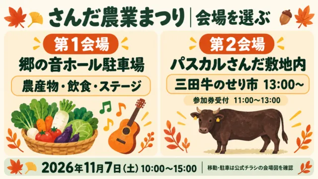 第1会場は農産物・飲食・ステージ、第2会場は13時から三田牛せり市。参加券受付は11〜13時