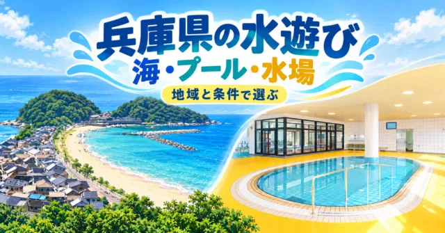 兵庫県の水遊びガイド。公式写真をモチーフにした竹野浜の海岸線と、グリーンベル青垣の楕円形屋内プールのイメージイラスト。海・プール・水場を地域と条件で選ぶ。