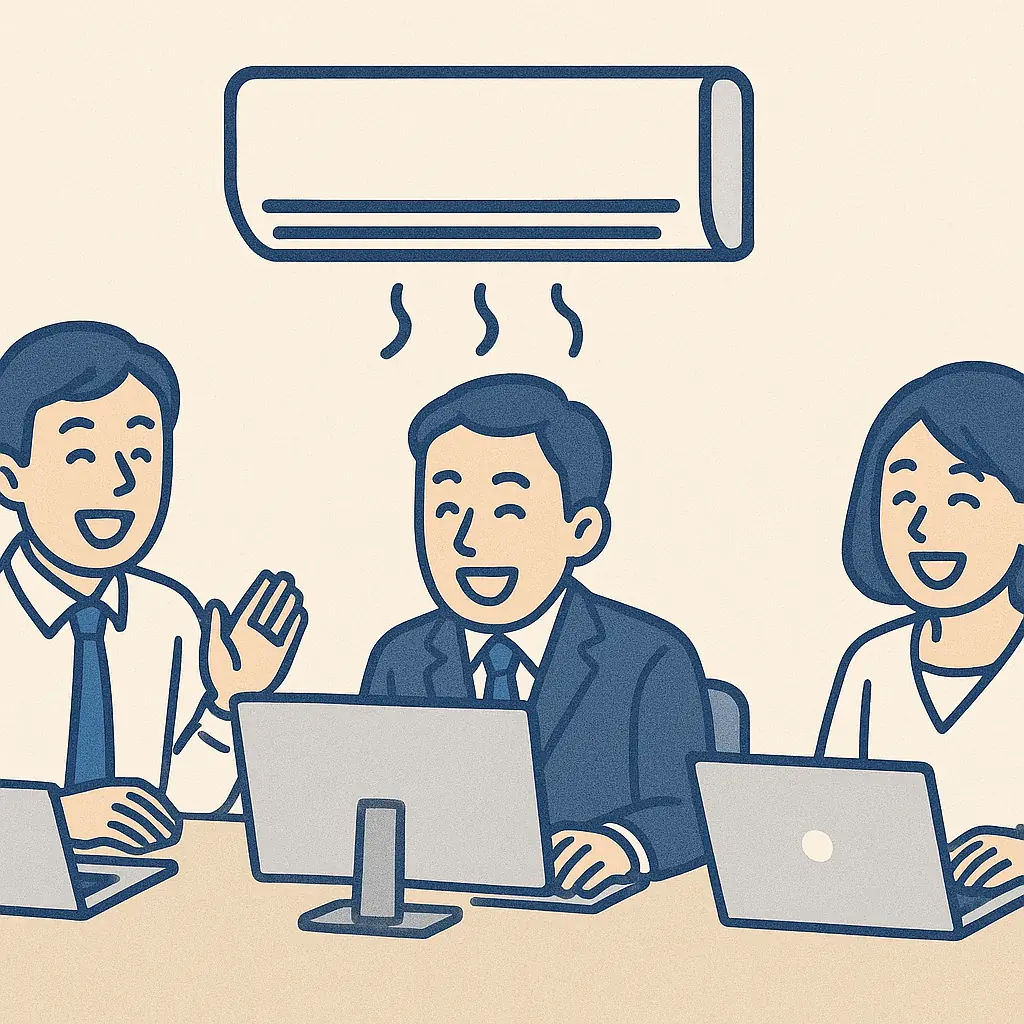 会社のデスクで快適に笑いながら仕事している人たちのイラスト